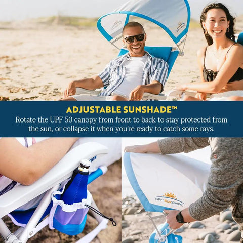 SunShade Backpack Beach Chair with adjustable canopy and cup holder, perfect for beach trips, in use on a sunny beach day.