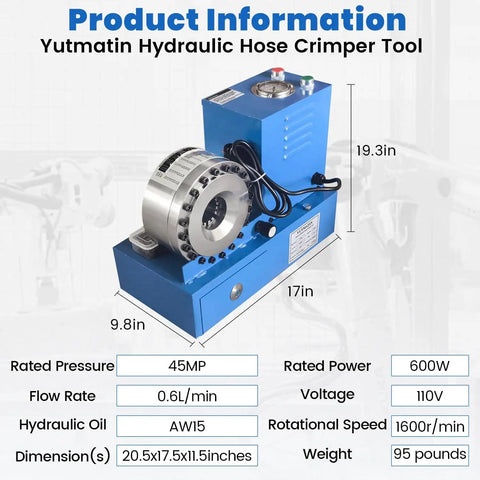 Image showing blue Yutmati hydraulic hose crimper tool with dimensions 20.5x17.5x11.5 inches for 110V use.