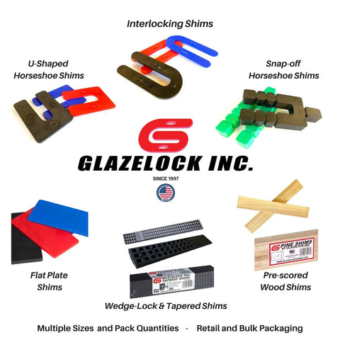 Heavy Duty Interlocking Black Plastic Shims One Thousand Unit Box For Builders And Renovators Aligning Door And Window Openings Without Sticky Tape Or Crazy Glue Using Patent Pending Collapsible Lock System displayed with various shims.