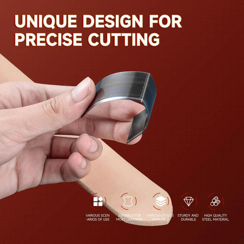 Hand holding cutter from 18 Piece Leather Punch Set For DIY Leatherworking With Six Sizes 15mm 20mm 25mm 30mm 35mm 38mm And Round Pointed And Square Heads Pro Grade Alloy Steel Embossing Tools For Beginners And Pros