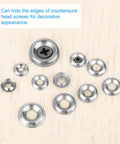 Built Tough Size Eight Countersunk Washers, 100 Pack Nickel Plated Steel Gaskets, Dead Solid Silver Hardware For Screws And Bolts, Knockout Fit For Daily Projects, assorted sizes on a light surface.