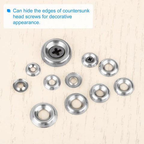 Built Tough Size Eight Countersunk Washers, 100 Pack Nickel Plated Steel Gaskets, Dead Solid Silver Hardware For Screws And Bolts, Knockout Fit For Daily Projects, assorted sizes on a light surface.