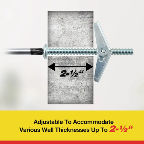 Heavy Duty One Quarter Inch Drywall Anchors and Screws Kit With 20 Toggle Bolts and Wing Nuts showing 2-1/2 inch wall depth
