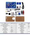Mini Digital Oscilloscope Soldering Practice Kit components layout with circuit board, connectors, and instructions.