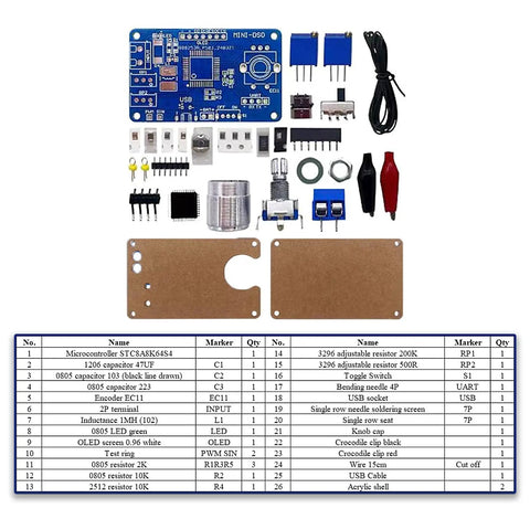 Mini Digital Oscilloscope Soldering Practice Kit components layout with circuit board, connectors, and instructions.