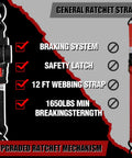 4 Pack Auto-Retractable Ratchet Tie Downs 1 Inch by 12 Foot Cargo Straps with upgraded ratchet mechanism and safety features.