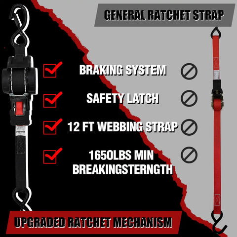 4 Pack Auto-Retractable Ratchet Tie Downs 1 Inch by 12 Foot Cargo Straps with upgraded ratchet mechanism and safety features.