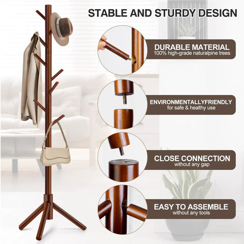 Freestanding Coat Rack With 8 Hooks And 3 Adjustable Tree Sections For Bedroom Hallway Entrance And Office Sturdy Wooden Stand Perfect For Hats Coats Scarves And Handbags featuring assembly instructions and design highlights