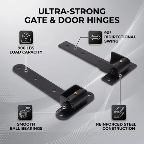 Heavy Duty Strap Gate Hinges 13 Inch Rated To Haul 900 Lbs Without Breaking A Sweat Crafted From Solid Stainless Steel For Farm Gates And Heavy Wood Doors Built Like A Tank To Load Up The Weight While Halting Sagging, showing black reinforced steel construction with smooth ball bearings.