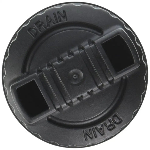 Top view of Drain Cap For Cap Screws And Hex Bolts, Durable Black Metal Plug 47922 Made In Mexico, with textured surface.