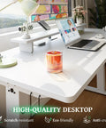 SIAGO 48x24 Inch Electric Standing Desk, 0.8 Inch Thick Tabletop with white finish, laptop, and drink on workstation.