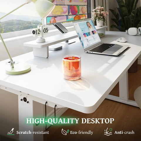 SIAGO 48x24 Inch Electric Standing Desk, 0.8 Inch Thick Tabletop with white finish, laptop, and drink on workstation.