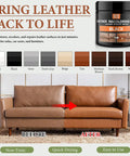 Premium Leather Recoloring Balm And Color Restorer Smooths Faded Couches Furniture Car Seats With Zero Hassle Scratch Repair Blend In Warm Tan Tone To Save Your Gear Fast, showcasing before and after couch restoration.