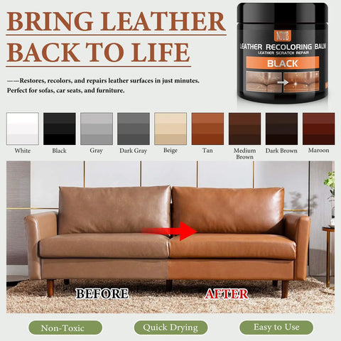 Premium Leather Recoloring Balm And Color Restorer Smooths Faded Couches Furniture Car Seats With Zero Hassle Scratch Repair Blend In Warm Tan Tone To Save Your Gear Fast, showcasing before and after couch restoration.