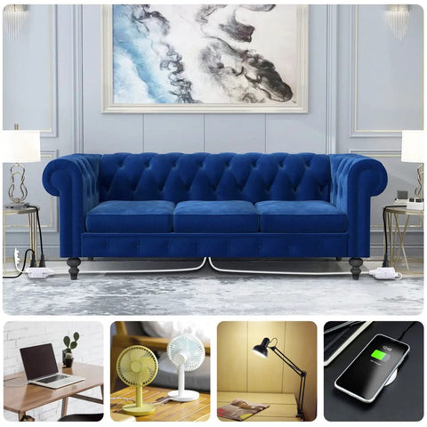 Twin 12 Foot Extension Cord Power Strip With Flat Head Plug And Six Polarized Outlets Six Feet On Each Side displayed indoors.