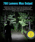 Keychain Flashlight EDC15 760 Lumens lighting up forest path at night, IPX8 waterproof for camping and hiking use