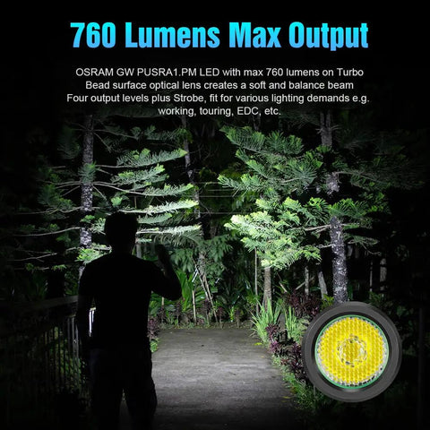 Keychain Flashlight EDC15 760 Lumens lighting up forest path at night, IPX8 waterproof for camping and hiking use