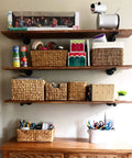 Six Pack Heavy Duty Industrial Pipe Shelf Brackets Designed For Quick Install Floating Wall Supports With Ridiculously Solid Wrought Iron Build To Kick Your Rustic Diy Decor Game Way Up Today holding baskets and decor.