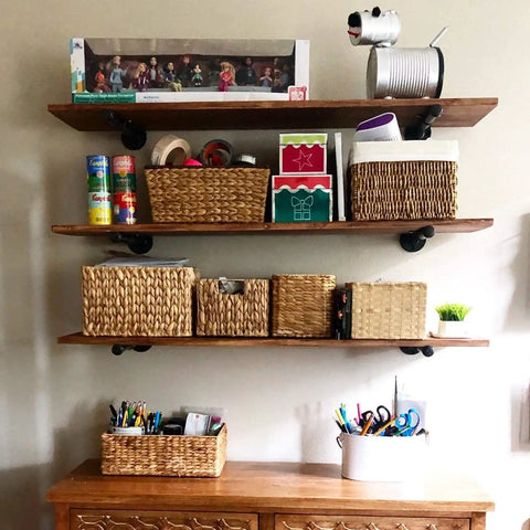 Six Pack Heavy Duty Industrial Pipe Shelf Brackets Designed For Quick Install Floating Wall Supports With Ridiculously Solid Wrought Iron Build To Kick Your Rustic Diy Decor Game Way Up Today holding baskets and decor.
