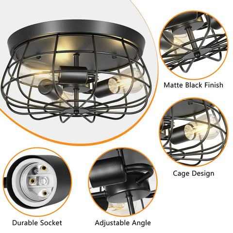 Farmhouse Flush Mount Ceiling Light Fixture With 3 Black Industrial Cage Lamps and matte black finish