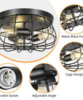 Two Pack Vintage Industrial Metal Cage Ceiling Light Fixture, Semi Flush Mount With E26 Base, Three Light Bulbs, UL Listed