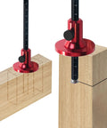 Hella Precise Wheel Marking Gauge With Easy Adjustment Knob crafted for woodworking, showcasing red aluminum tool on wood.