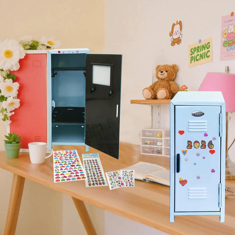 Fresh Blue Mini Metal Locker Box With Reliable Lock And Dope Decorative Stickers Compact Desktop Storage Organizer For Jewelry Cash Stash Girl Gifts Desk Neat Stack on a wooden table.