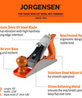 Jorgensen No.4 10-inch wood plane side view with beechwood handle and ductile iron base