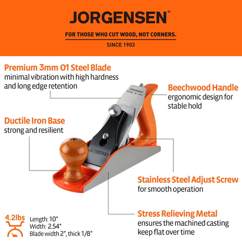 Jorgensen No.4 10-inch wood plane side view with beechwood handle and ductile iron base