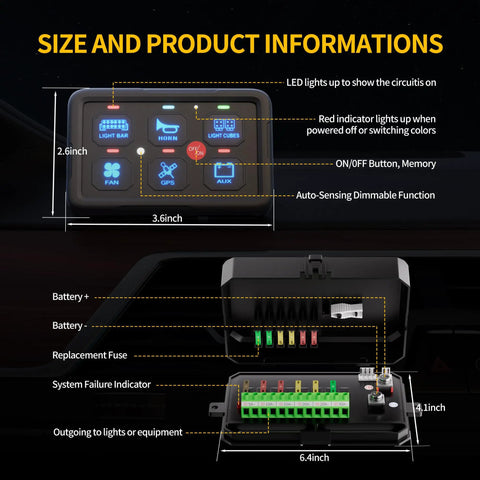 6 Gang RGB Backlit Rocker Switch Panel Kit With Control Box For 12V And 24V Vehicles, dimensions and features displayed