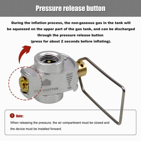 Backpacking Fuel Transfer Device Gas Canister Refill Adapter with vent valve, aluminum-copper construction, and pressure release button