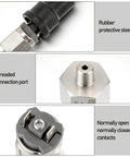 Air Compressor Pressure Switch With Adjustable Settings Stainless Steel Body One Eighth Inch PT Thread Normally Open Compact Easy Install For Air And Water Systems with rubber protective sleeve and threaded connection port.