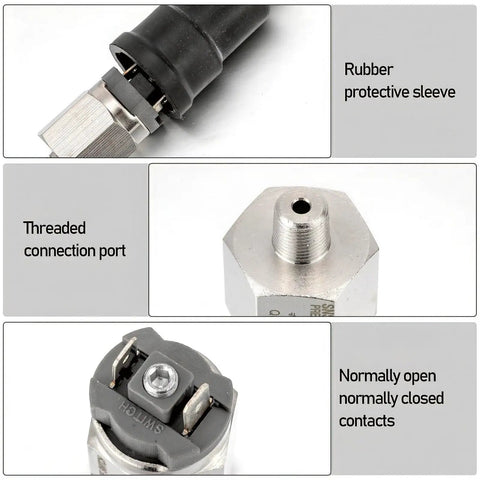 Air Compressor Pressure Switch With Adjustable Settings Stainless Steel Body One Eighth Inch PT Thread Normally Open Compact Easy Install For Air And Water Systems with rubber protective sleeve and threaded connection port.