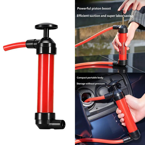 Grab This Nifty Manual Oil Extractor Pump Suction Tool For Quick Car Fluid Removal And Routine Maintenance Draining Without Any Power Cord Hassle, red handheld pump in use.
