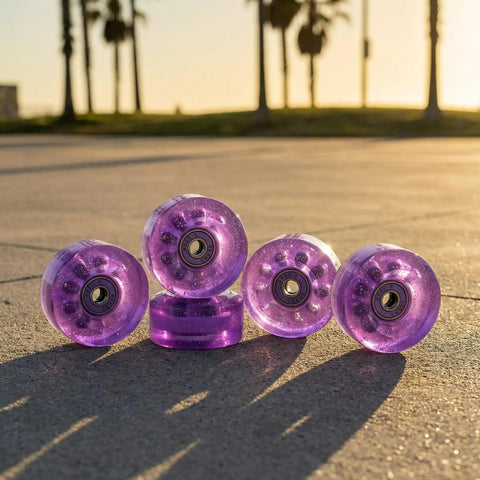 82A Purple Glitter Quad Roller Skate Wheels Four Pack For Indoor Outdoor Use on pavement with sunset in background