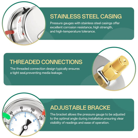 Features of Stainless Steel Dry Low Pressure Gauge Back Mount 2 Inch Dial 0-160 Psi Dual Scale NPT Quarter Inch Thread Waterproof