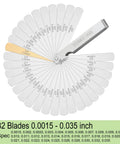 Guslcez stainless steel 32-blade feeler gauge set with dual metric and imperial scales.