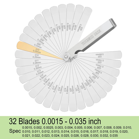 Guslcez stainless steel 32-blade feeler gauge set with dual metric and imperial scales.