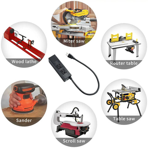 Automatic Dust Collector Switch For Power Tools With Instant Kickstart And Extended Shutoff Delay To Dodge Breaker Trips shown with various tools.