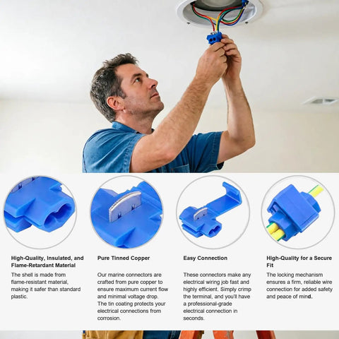 Man installing light fixture using 60 Piece Solderless Quick Splice Wire Connectors Set For 22-10 AWG Wiring Lock Snap Electrical Connectors In Red 22-18 AWG 20 Pcs Blue 18-14 AWG 30 Pcs Yellow 12-10 AWG 10 Pcs Insulated And Fire Retardant Easy Car And Home Wiring