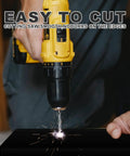 Drilling into black HDPE tapping block set for woodworking, easy to cut, smooth edges, sparks visible