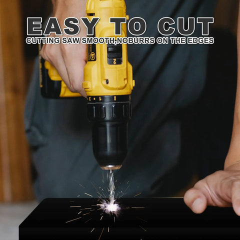 Drilling into black HDPE tapping block set for woodworking, easy to cut, smooth edges, sparks visible