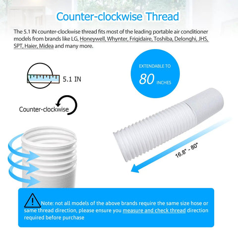 Portable AC Exhaust Vent Hose 5.1 Inch Diameter And 80 Inch Length With Counterclockwise Thread, Replacement For Cracked Or Leaking Hoses