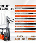 Heavy Duty Electric Forklift With 2.5 Ton Lift Capacity, Industrial Pallet Stacker For Warehouse Logistics And Factory Use Includes Lead Acid Battery Powered High-Bay Rack Access Equipment In Bright Orange, detailed parameter infographic.