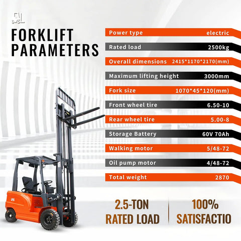 Heavy Duty Electric Forklift With 2.5 Ton Lift Capacity, Industrial Pallet Stacker For Warehouse Logistics And Factory Use Includes Lead Acid Battery Powered High-Bay Rack Access Equipment In Bright Orange, detailed parameter infographic.