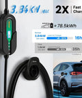 Portable Level 1 And Level 2 EV Charger With J1772 16A, 25 ft cable, dual voltage 120V 240V, shown charging electric car