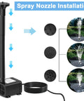 Installation guide for 12W Solar Fountain Pump With 3 Spray Nozzles Energy Saving Solar Powered Water Pump showing nozzle patterns.