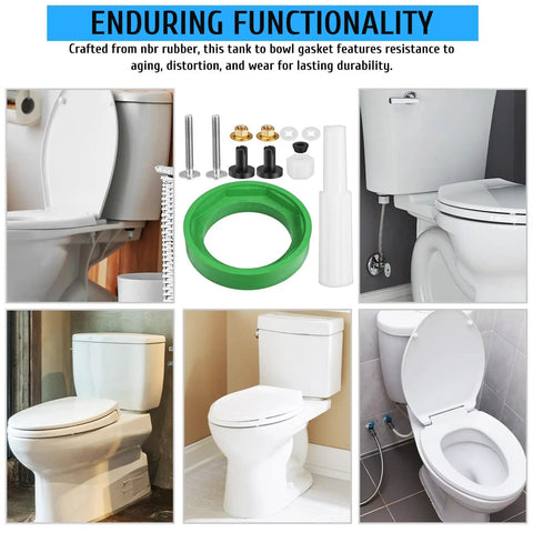 Heavy Duty Toilet Tank To Bowl Gasket And Bolt Kit Made From Premium NBR Rubber For Easy Leak-Proof Fixes And Simple Rear Installation Jobs, green gasket and bolts