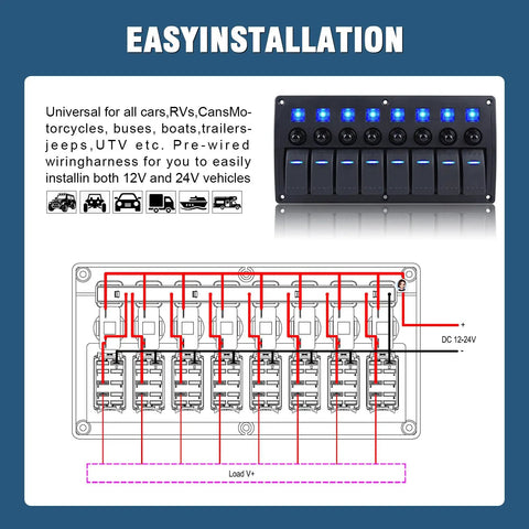 Diagram with Eight Gang Waterproof Marine Boat Switch Panel With Eight Circuit Breakers 12V 24V On Off Blue LED Rocker