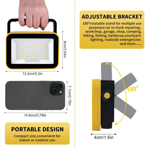 Rechargeable 40W LED Work Light With Tripod Hole, Portable Flood Light featuring adjustable bracket and size comparison with phone